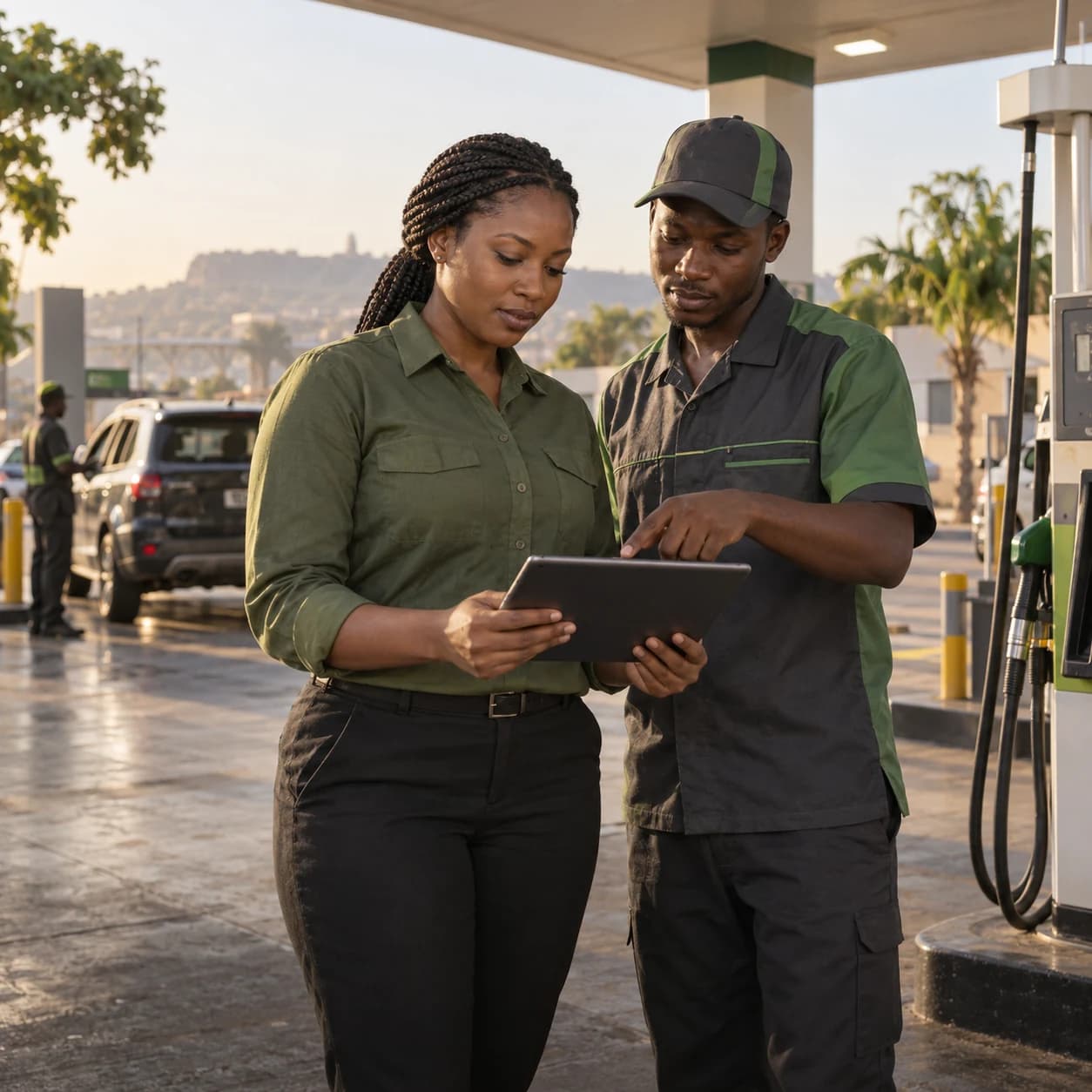 A station manager and attendant review a shift handover on a tablet