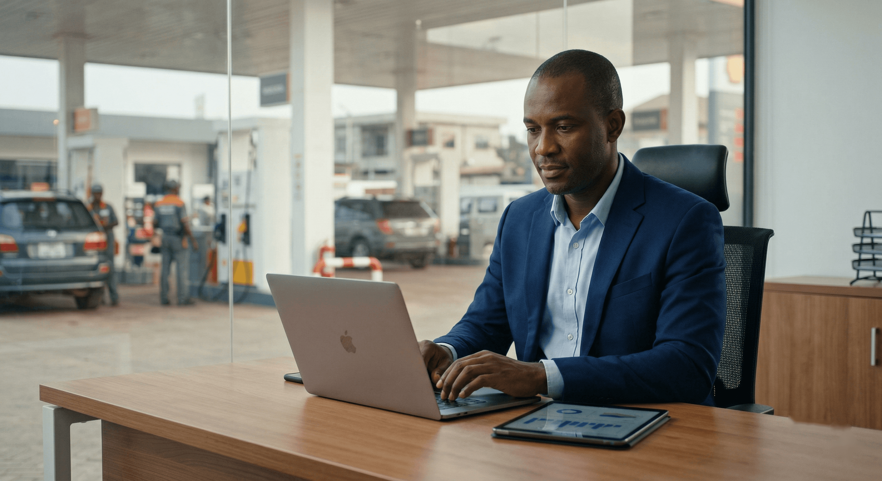 Propriétaire de station-service consultant FuelOps sur un ordinateur