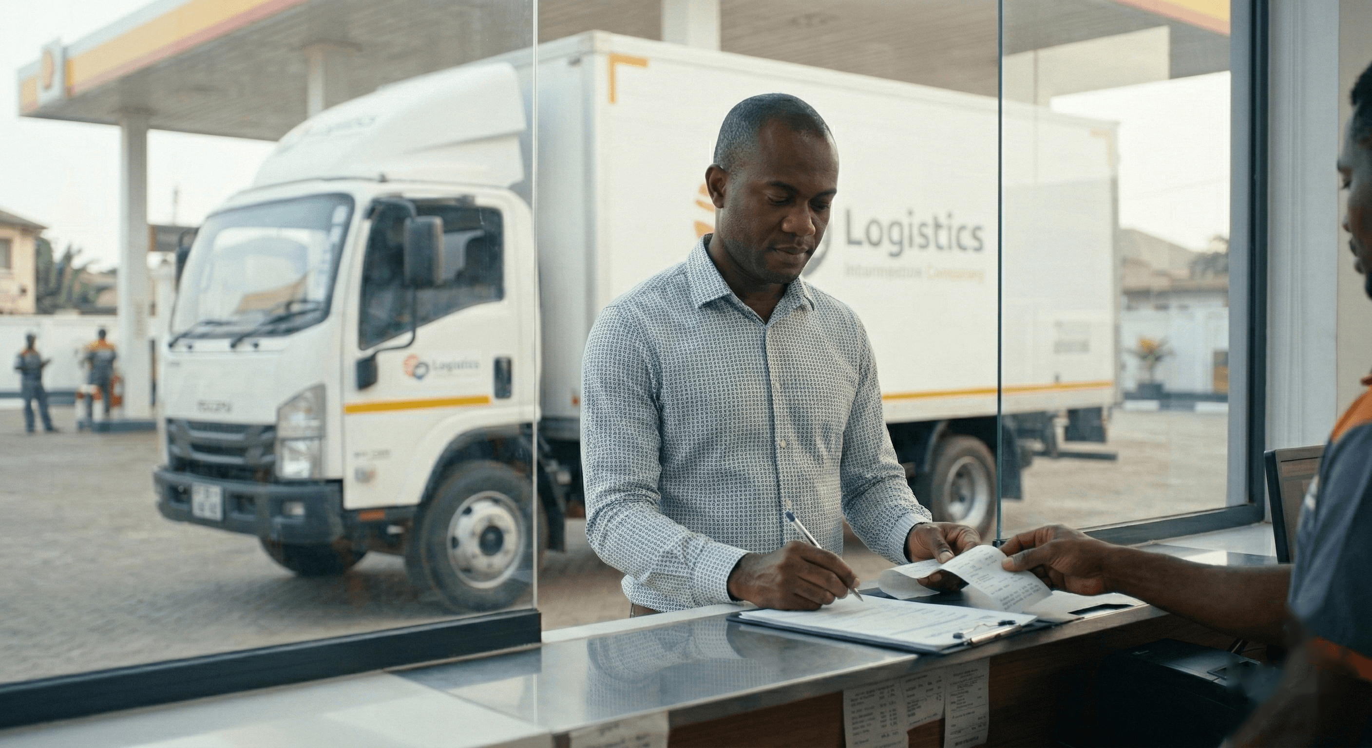 Responsable signant un document au comptoir d'une station, avec un camion à l'extérieur