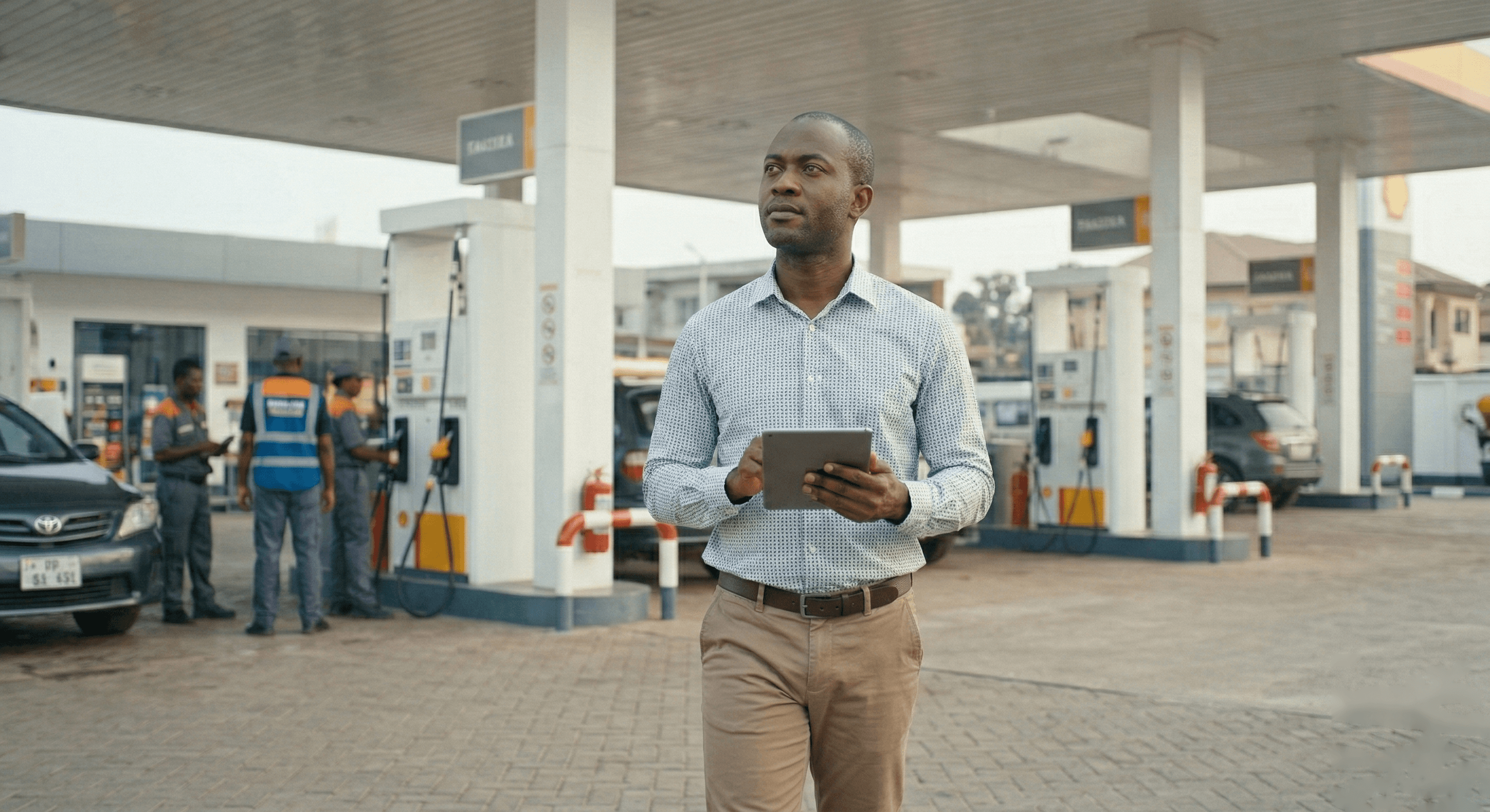 Responsable tenant une tablette près des pompes et du personnel de station
